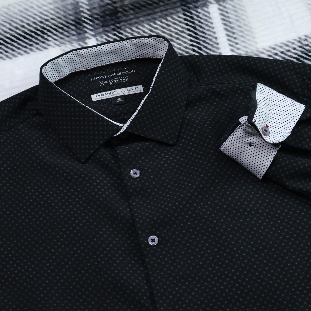 Report Collection X4 Stretch Black Micro Print Slim Fit Shirt Mens Large 16.5 35